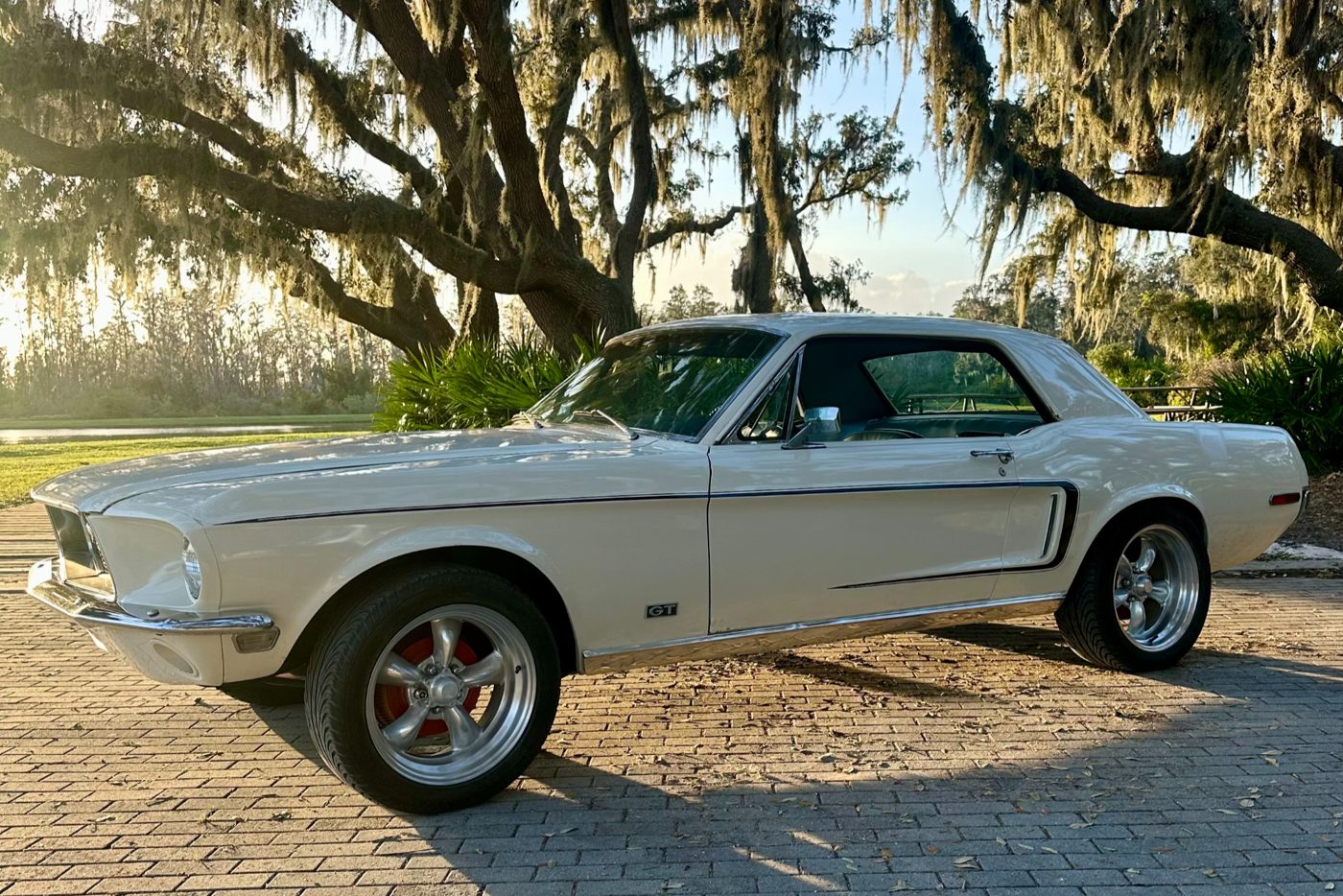 The white 1968 Mustang GT parked on sunlit pavers under Spanish moss-draped oaks